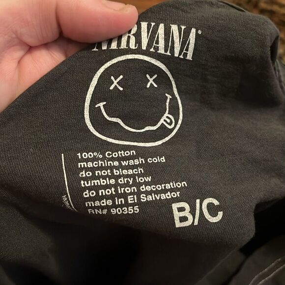 Nirvana Band Music Gray Smiley Face Design Distressed Graphic Shirt Casual - Picture 9 of 9